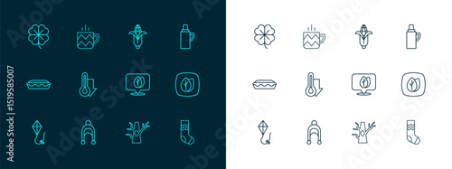 Set line Thermos container, Winter hat, Location with leaf, Bare tree, Thermometer, Corn, Four clover and Cup of tea icon. Vector