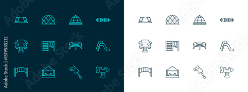 Set line Education logic game, Sandbox with sand, Jumping trampoline, Toy horse, Swedish wall, Playground climbing equipment, Monkey bar and icon. Vector