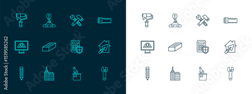 Set line Hand saw, City landscape, Security keypad access panel, Paint bucket with brush, Brick, Hammer wrench spanner, roller and Crane hook icon. Vector
