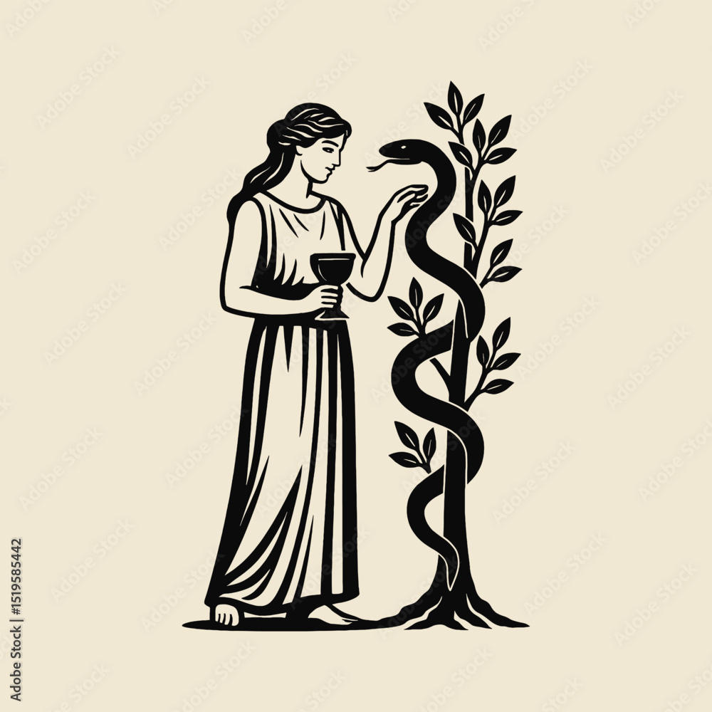 Fototapeta premium Hygeia with snake and cup engraving style vector illustration