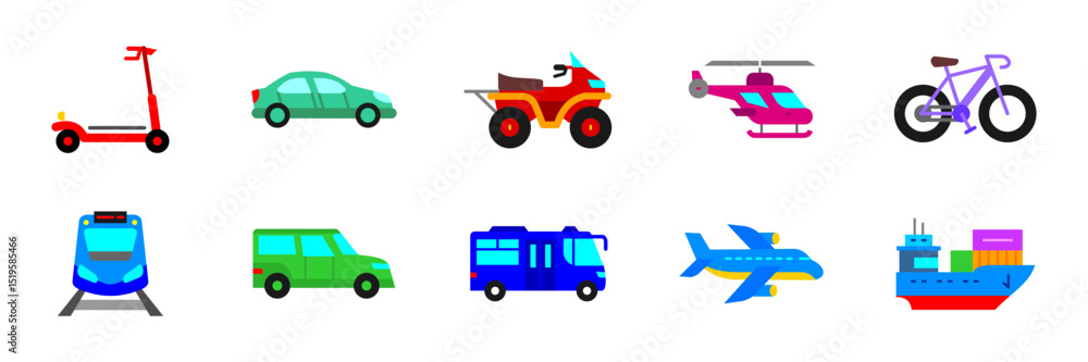 Transport icon set. Car, bus, scooter, bike and truck colored symbols. Transportation vehicles vector illustration. Travel, delivery and logistics concept sign. Cargo and journey colorful pictogram. Transport icon set. Car, bus, scooter, bike and truck colored symbols. Transportation vehicles vector illustration. Travel, delivery and logistics concept sign. Cargo and journey colorful pictogram.