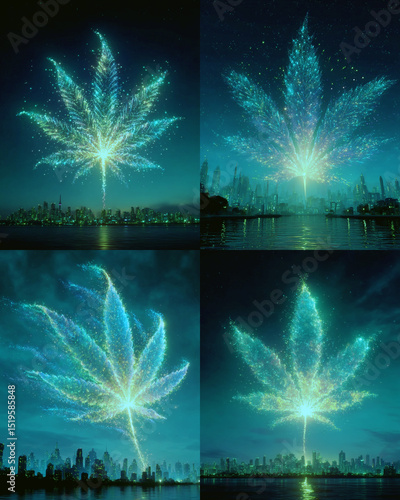 A scribbled illustration featuring a silhouette of a cannabis leaf formed by bright fireworks. The fireworks create a sharp, neon-colored leaf shape.