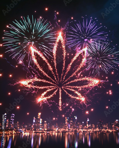 A scribbled illustration featuring a silhouette of a cannabis leaf formed by bright fireworks. The fireworks create a sharp, neon-colored leaf shape.