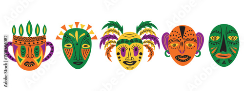 African masks set. Vector illustration of masks in African style, ethnic patterns