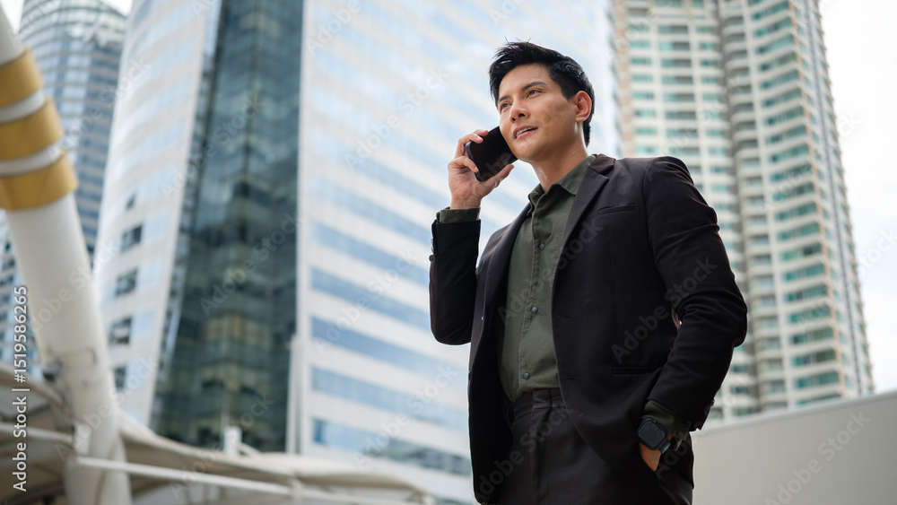 Confident businessman in a suit having a mobile conversation outdoors in a modern city. Confident businessman in a suit having a mobile conversation outdoors in a modern city.