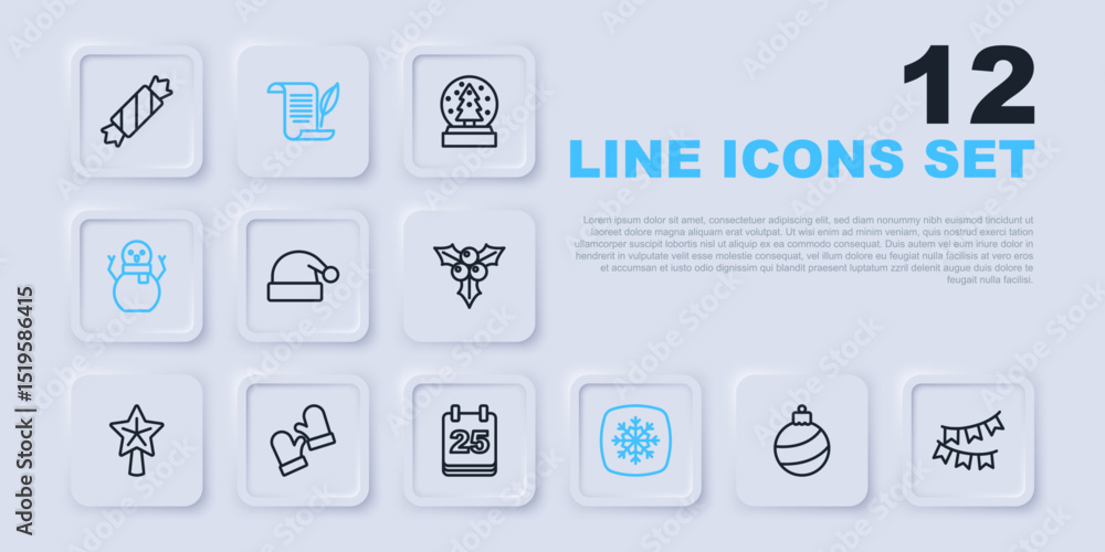 Set line Christmas ball, Carnival garland with flags, Santa Claus hat, Snowflake, snowman, mittens, Envelope and day calendar icon. Vector Set line Christmas ball, Carnival garland with flags, Santa Claus hat, Snowflake, snowman, mittens, Envelope and day calendar icon. Vector