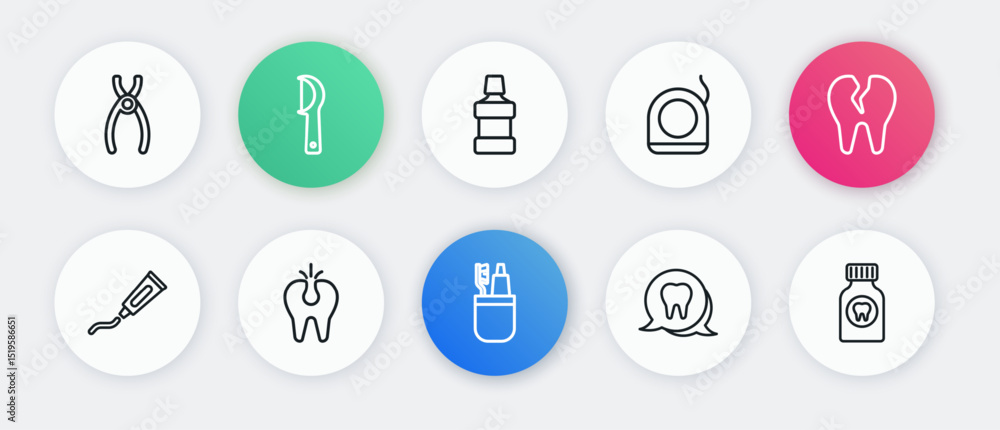 Set line Toothbrush and toothpaste, Broken, Tube of, Dental floss, Mouthwash, Toothache painkiller tablet and icon. Vector Set line Toothbrush and toothpaste, Broken, Tube of, Dental floss, Mouthwash, Toothache painkiller tablet and icon. Vector