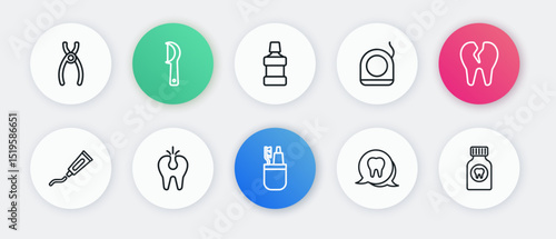 Set line Toothbrush and toothpaste, Broken, Tube of, Dental floss, Mouthwash, Toothache painkiller tablet and icon. Vector