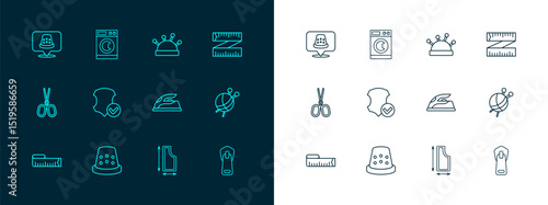 Set line Tape measure, Thimble for sewing, Electric iron, Sewing pattern, Leather, Needle bed and needles, and Washer icon. Vector