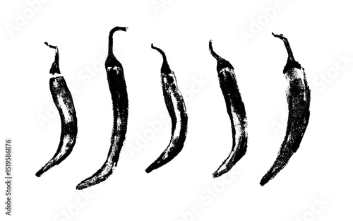 Charcoal style vector doodle of five unique chili peppers. Hand drawn symbols perfect for food labels, cosmetic packaging, kitchen decor, and extended license design projects.