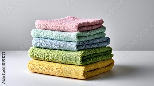 Stacked Colorful Towels Folded on White Surface
