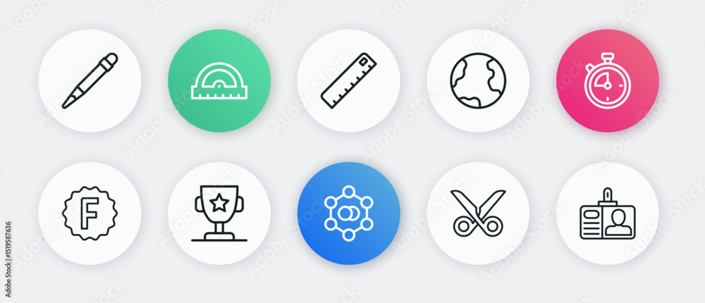 Set line Molecule, Stopwatch, Exam paper with incorrect answers, Scissors, Earth globe, Ruler, Identification badge and Award cup icon. Vector Set line Molecule, Stopwatch, Exam paper with incorrect answers, Scissors, Earth globe, Ruler, Identification badge and Award cup icon. Vector