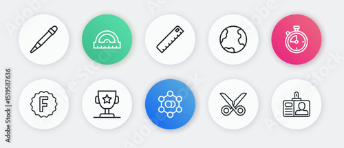 Set line Molecule, Stopwatch, Exam paper with incorrect answers, Scissors, Earth globe, Ruler, Identification badge and Award cup icon. Vector