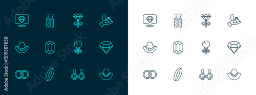 Set line Diamond engagement ring in box, Wedding, Stud earrings, Earrings, Gem stone, and icon. Vector