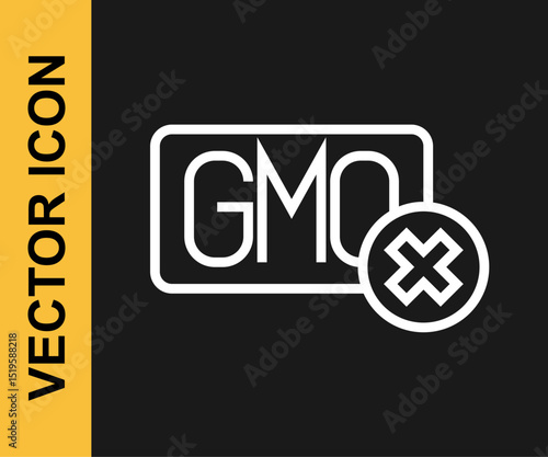 White line No GMO icon isolated on black background. Genetically modified organism acronym. Dna food modification. Vector