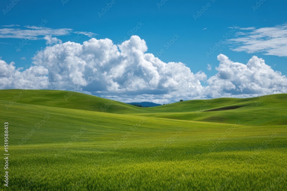 Obraz premium Green hills and blue sky sunny day landscape