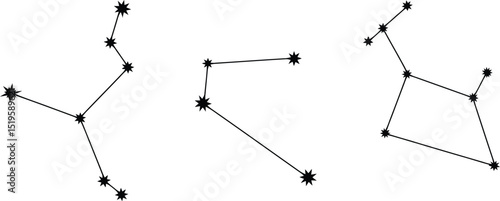 Three constellation diagrams labeled leo meo and geo with stars connected by lines on a white background