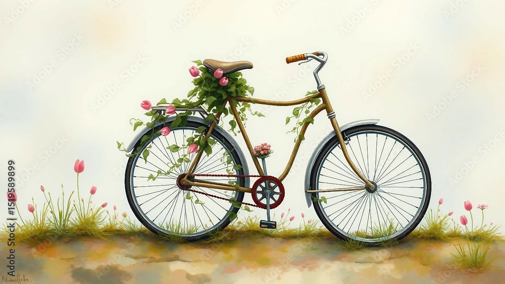 Fototapeta premium Ein nostalgisches Fahrrad mit rosa Tulpen und Efeu, liebevoll bemalt in weichem Aquarellstil. Frühlingshafte Szene auf hellem Hintergrund.