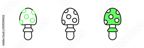 Set line Amanita muscaria or fly agaric hallucinogenic toadstool mushroom icon isolated on white background. Spotted poisonous mushroom. Vector