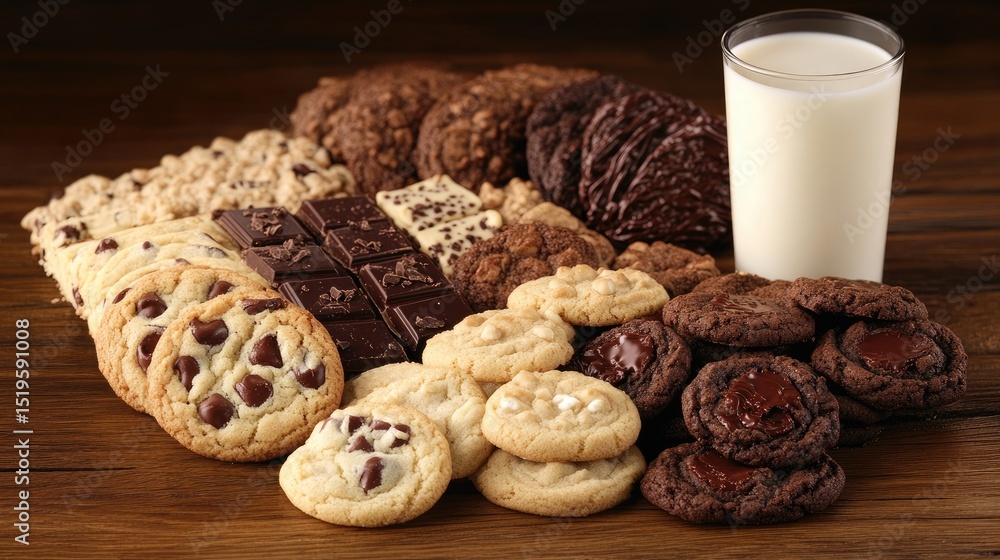 Fototapeta premium Assorted Cookies and Milk on Rustic Wooden Table Surface