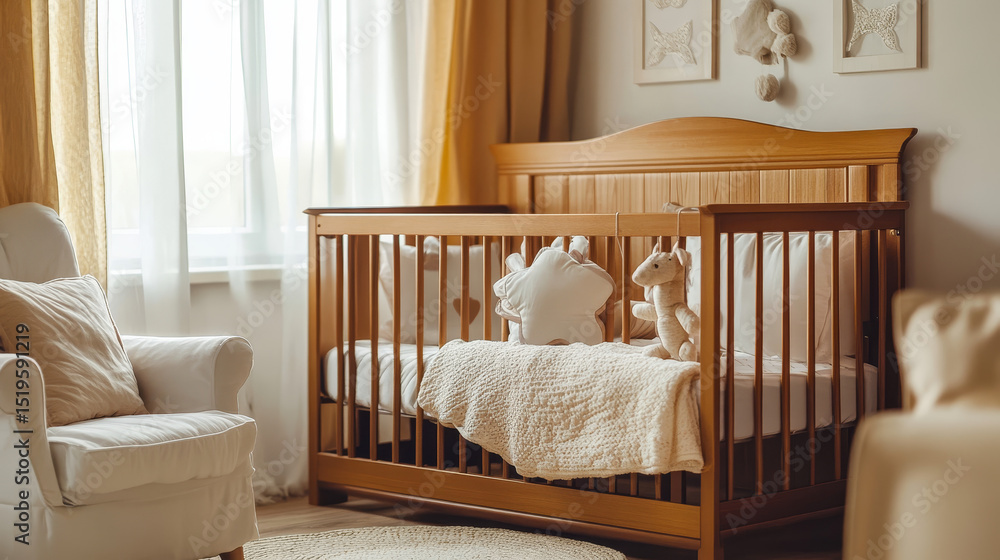 A cozy nursery includes fashionable furniture and a comfy crib, creating a serene setting for a newborn A cozy nursery includes fashionable furniture and a comfy crib, creating a serene setting for a newborn