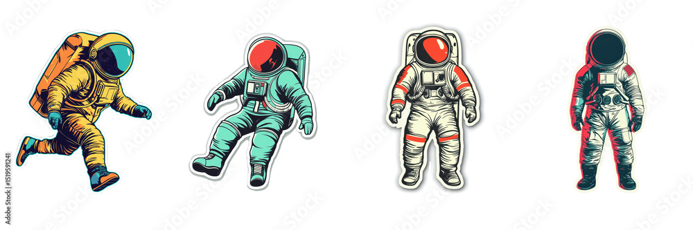 Obraz premium Colorful Astronaut Stickers Spaceman Collection Retro Style Illustrations