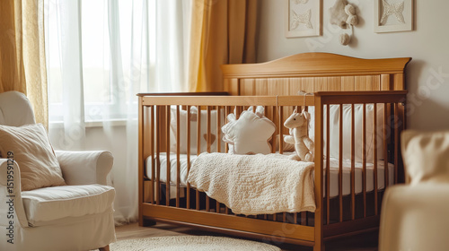 A cozy nursery includes fashionable furniture and a comfy crib, creating a serene setting for a newborn