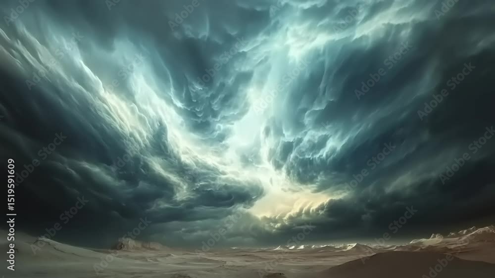 Dramatic sky filled with swirling clouds over a vast desert landscape at twilight, evoking awe Dramatic sky filled with swirling clouds over a vast desert landscape at twilight, evoking awe