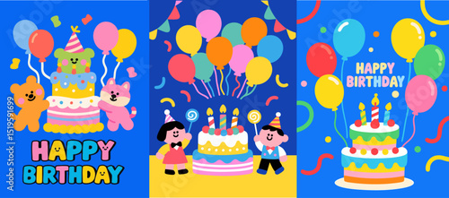 Colorful flat cute children's birthday poster greeting card - three types