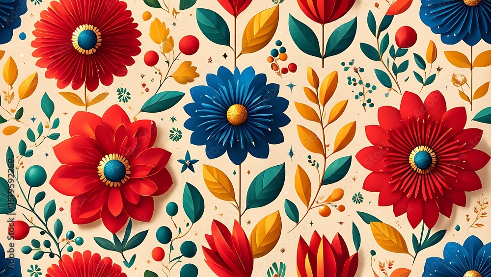 Vibrant Floral Paper Art A Seamless Pattern Design of Red, Blue, and Gold Flowers Vibrant Floral Paper Art A Seamless Pattern Design of Red, Blue, and Gold Flowers