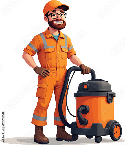 Cartoon cleaner man with vacuum cleaner in orange uniform cleaning service worker illustration art