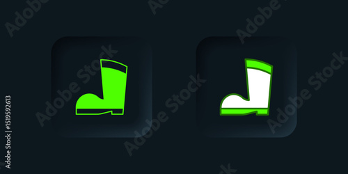 Green Waterproof rubber boot icon isolated on black background. Gumboots for rainy weather, fishing, gardening. Black square button. Vector
