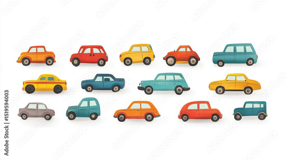 A whimsical collection of colorful, hand-drawn toy cars appears against a white background, ideal for kids’ designs or playful themes A whimsical collection of colorful, hand-drawn toy cars appears against a white background, ideal for kids’ designs or playful themes