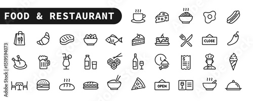 Food and restaurant - line icon set with editable stroke. Outline collection of cuisine symbols. Menu and culinary design icons. Vector illustration.	