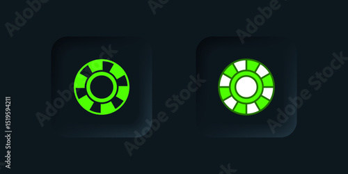Green Casino chips icon isolated on black background. Casino gambling. Black square button. Vector