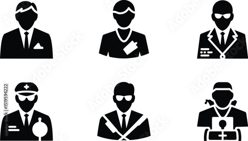 A set of black and white icons depicting various professions including doctor pilot and business person