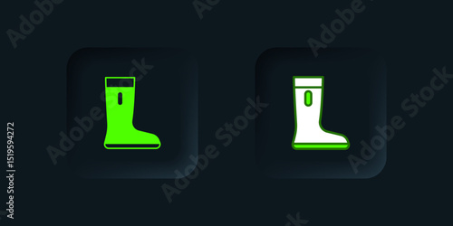 Green Waterproof rubber boot icon isolated on black background. Gumboots for rainy weather, fishing, gardening. Black square button. Vector