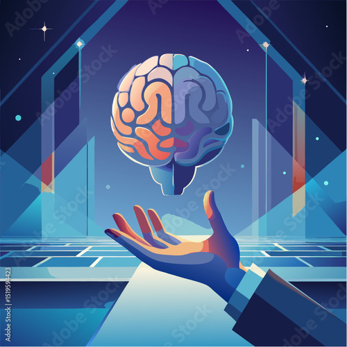 Futuristic vector illustration of glowing human brain hovering above outstretched hand in abstract digital environment representing artificial intelligence innovation and advanced neural technology
