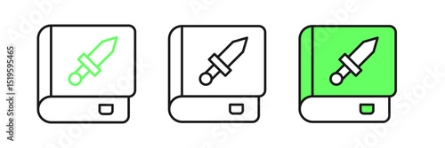 Set line Book about weapon icon isolated on white background. Small firearm. Weapon catalog. Vector