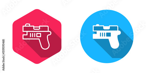 Filled and outline Futuristic space gun blaster icon isolated with long shadow background. Laser Handgun. Alien Weapon. Vector