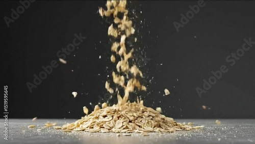 Rolled oats cascade onto a dark textured surface, with flakes frozen mid-air. Ideal for healthy eating, breakfast, and recipe visuals.