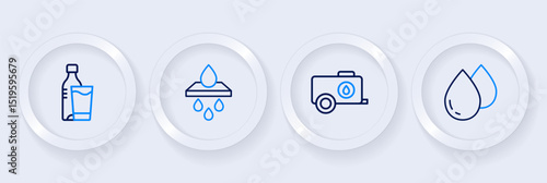 Set line Water drop, Mobile water tank, filter cartridge and Bottle of with glass icon. Vector