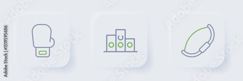 Set line Medieval bow, Award over sports winner podium and Boxing glove icon. Vector