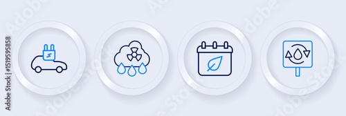 Set line Recycle clean aqua, Calendar with autumn leaves, Acid rain radioactive cloud and Electric car icon. Vector