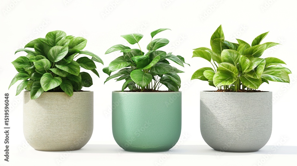 Obraz premium Three ceramic pots with lush green plants, minimalist and natural aesthetic