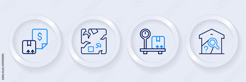Set line Warehouse check, Scale with cardboard box, Broken and Waybill icon. Vector Set line Warehouse check, Scale with cardboard box, Broken and Waybill icon. Vector