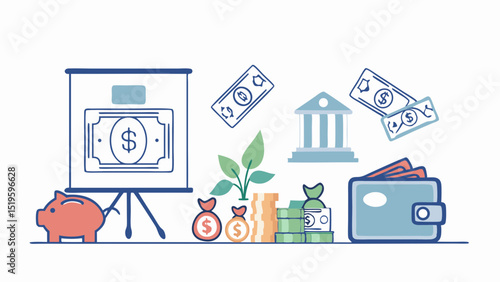 Illustration showing financial growth with money, bank, piggy bank and wallet elements displayed nicely