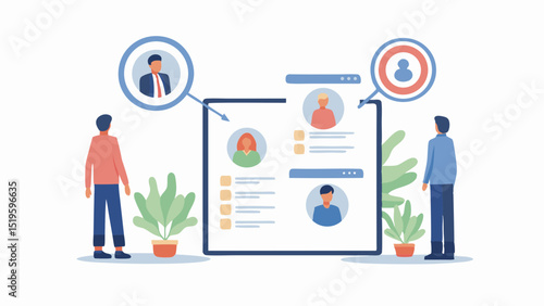 Illustration of people looking at profiles on a screen with plants on a white background scene design