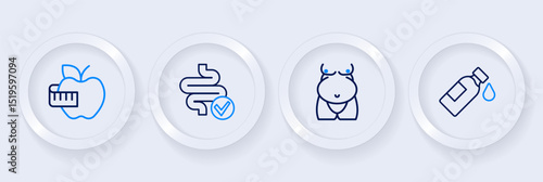Set line Bottle of water, Obesity, Intestines and Apple and measuring tape icon. Vector