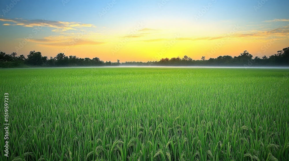 Lush Green Field at Sunrise with Soft Golden Light and Distant Trees Lush Green Field at Sunrise with Soft Golden Light and Distant Trees